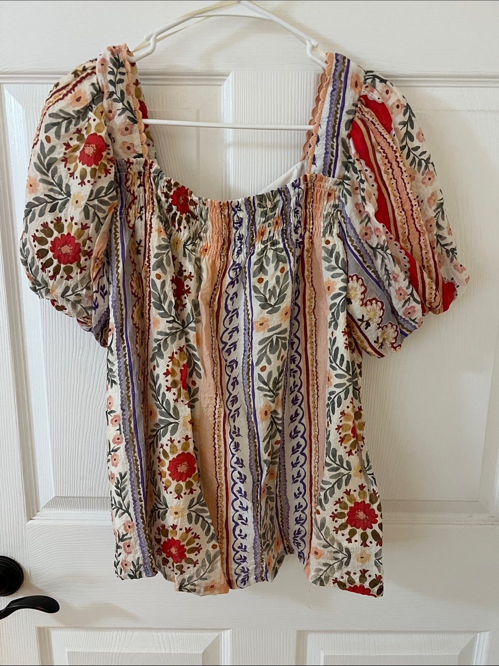 Bohemian Floral Stripe Puff-Sleeve Top - Cream with Red & Purple
